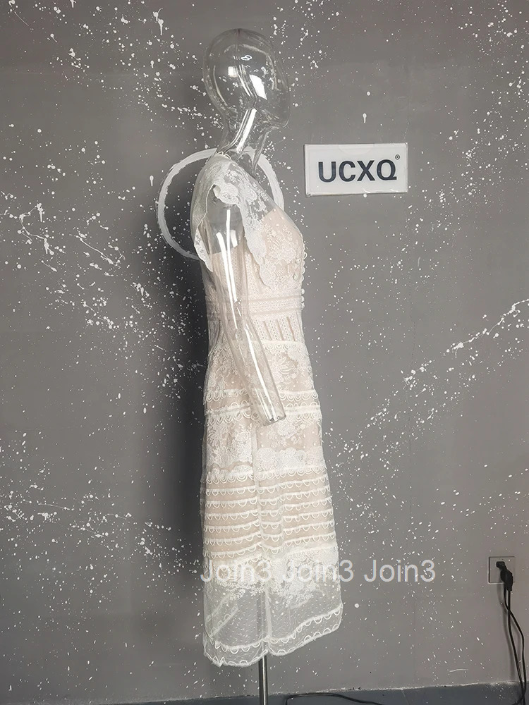 Elegant Style Lace Embroidery Patchwork Dress Apricot Fashion Hollow Out Mid Length Dresses Women Spring Summer 3A7897