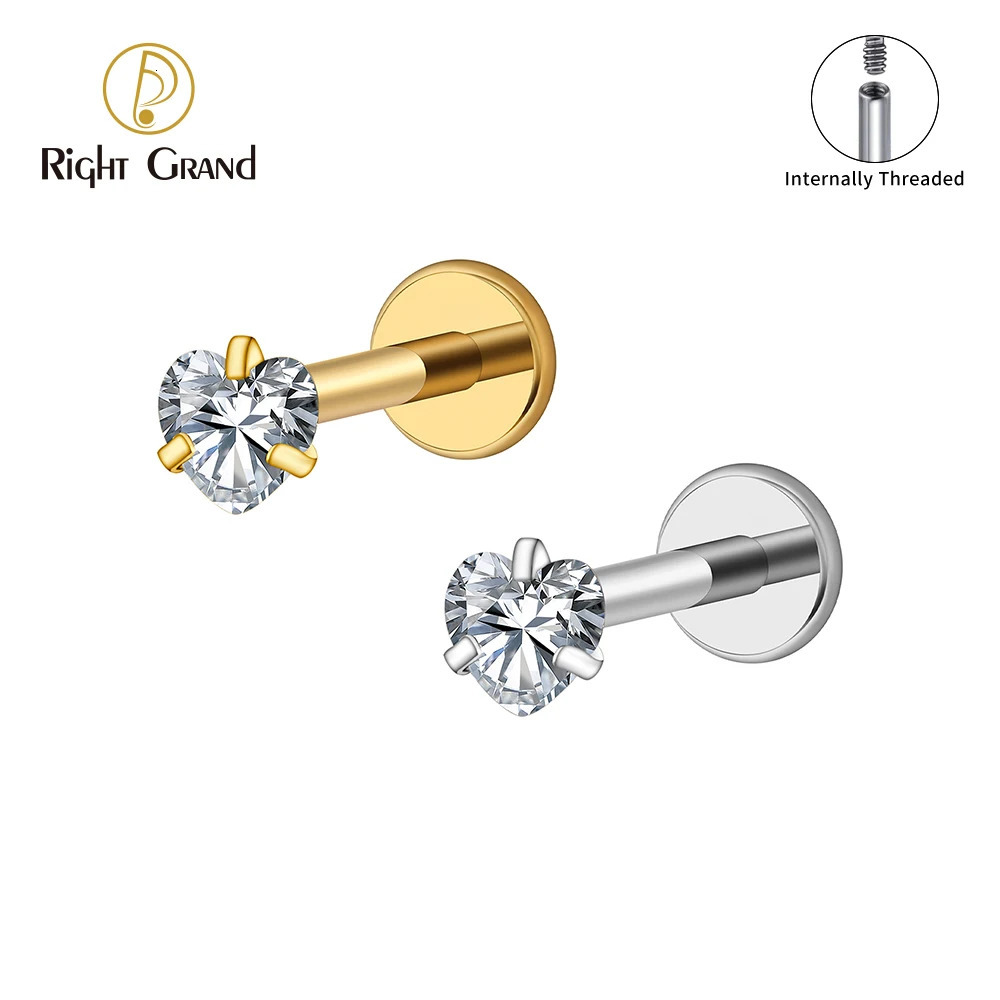 Right Grand ASTM 36 16G Heart CZ Internally Threaded Flat Back Labret Cartilage Tragus Helix Nose Stud Piercing 250805