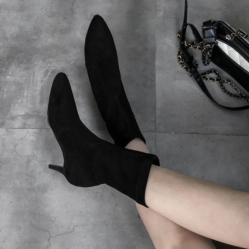 Flock Ankle Boots For Women Spring Shoes Black Gray Short Socks Boot Autumn Fashion Heels Party Dance Shoes Ladies Large Size 250805