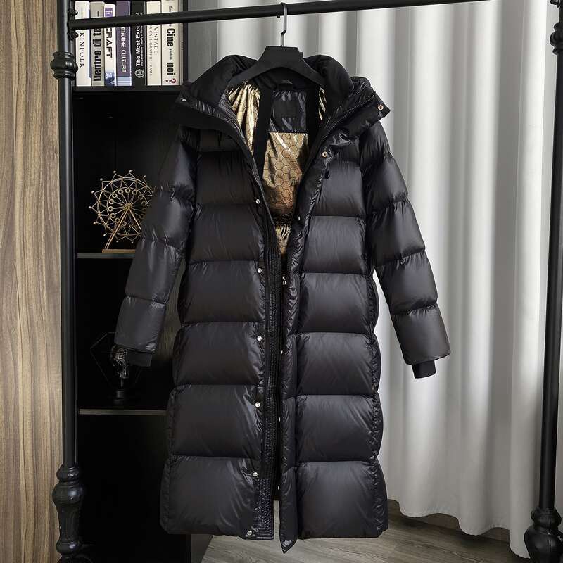 Clothing Winter Black Gold New National Standard White Duck Mid Length Down Jacket Women's Temperament Hooded Windproof Over Knee