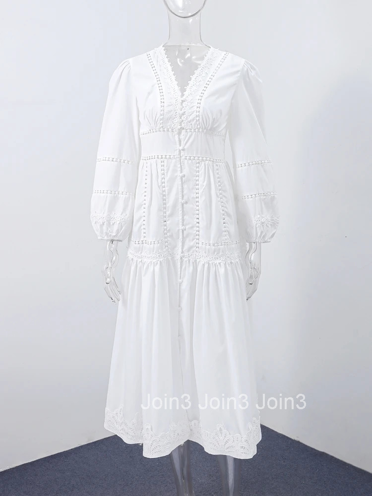 Elegant Lace Hollow Out Womens Long Dress Solid V-neck Patchwork Puff Sleeve Bodycon Dressess Female Spring New Lady Robes