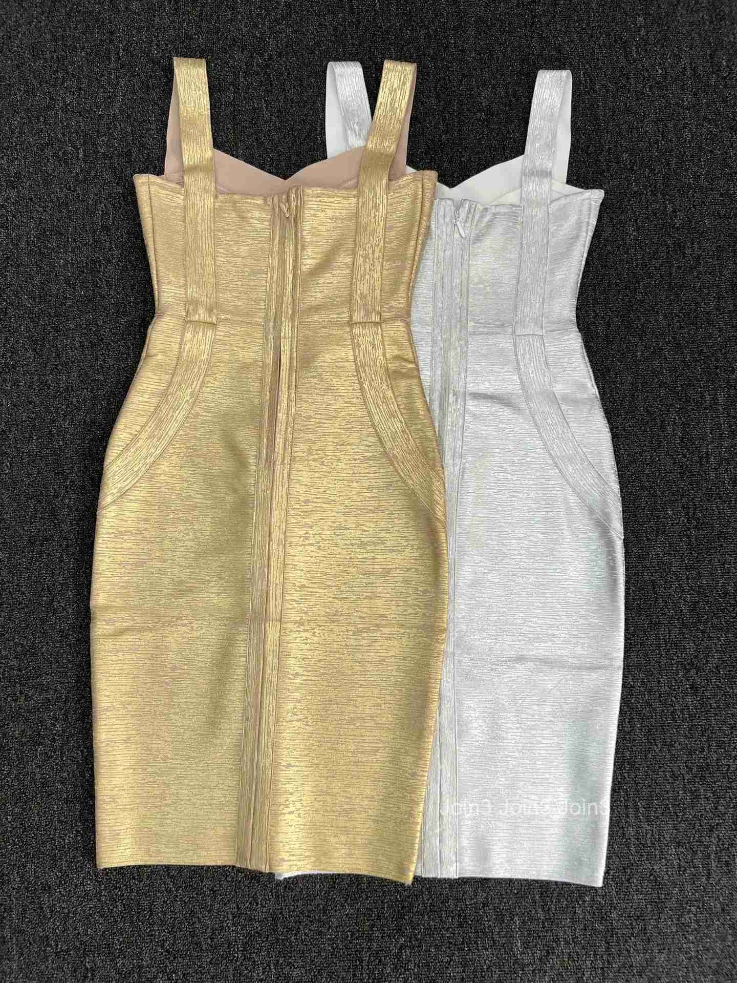 Real Photos Bronzing Bandage Bodycon Dress Women Elegant Tank Square Collar High Street Going Out Dresses Special Occasion