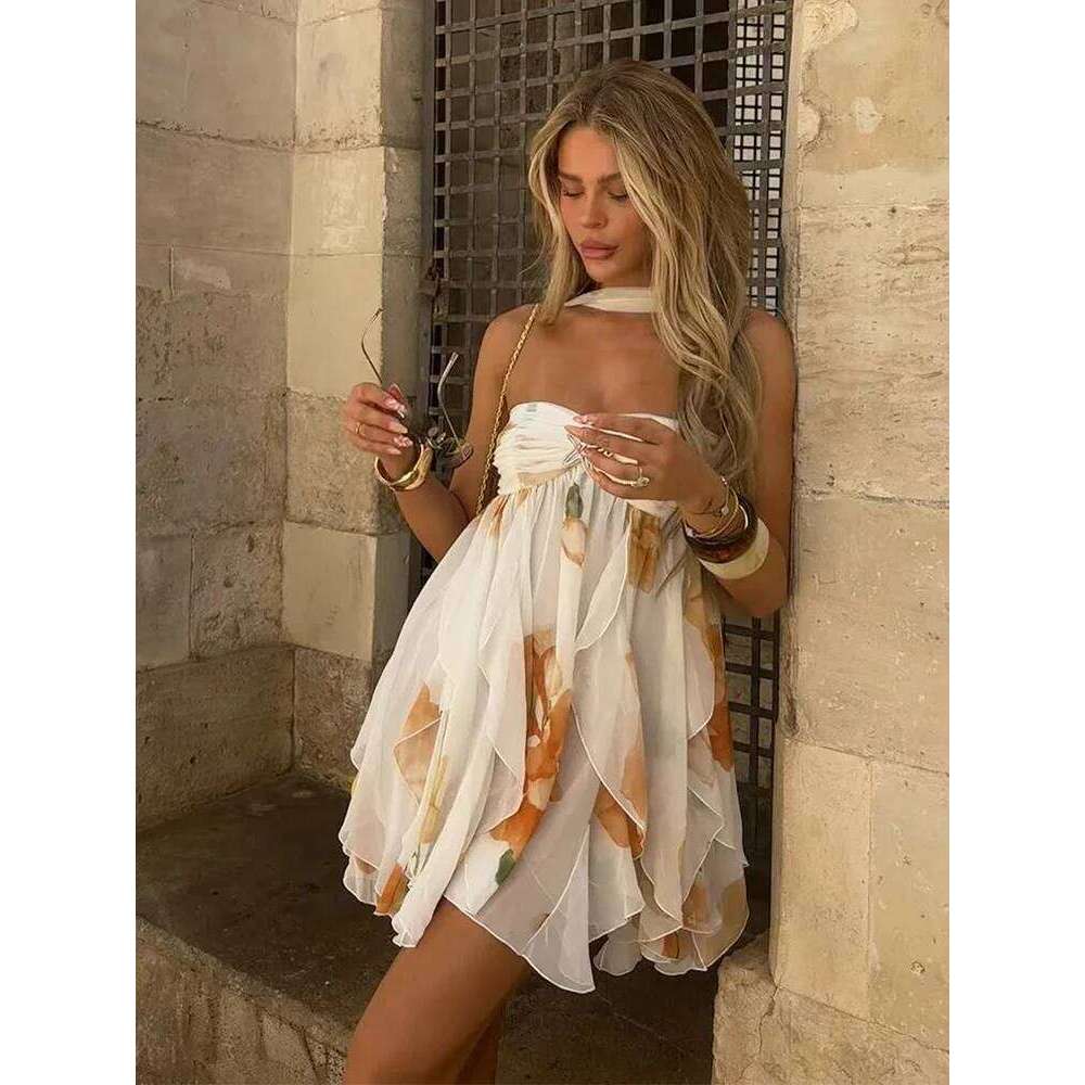Designer Clothing 2025 Women Casual Printed Pleated Scarf Collar Mini Dresses Chic Sleeveless Off Shouder Short Vestido Summer Lady Party Beach Robe