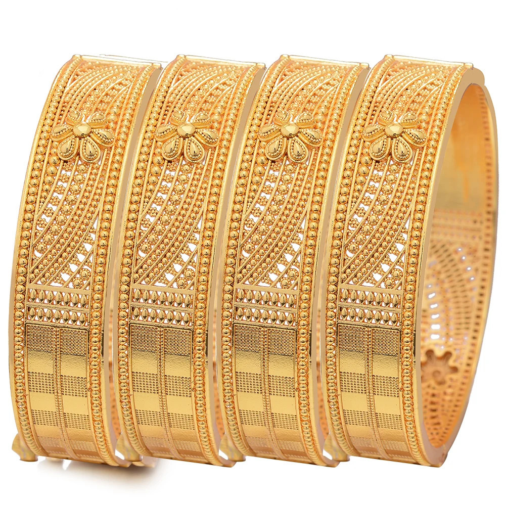 4Pcs/set Big Ethiopia 24k Dubai Gold Color Bangles For Women African Party Wedding Flower Gifts Bangles Bracelets Jewelry Gifts 250805