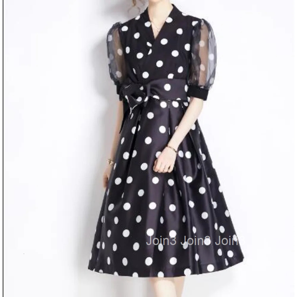Vintage Elegant Pleated Bandage Short Sleeve Dot Dress A-line Fashion Spring summer Beach Vestidos Women Dresses