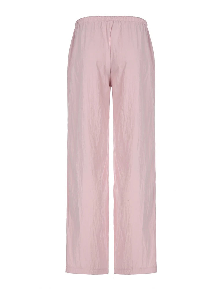 Sweetown Pink Solid Loose Casual Woven Straight Leg Pants Women Drawstring Low Waist Y2K Baggy Jogging Trousers 250806