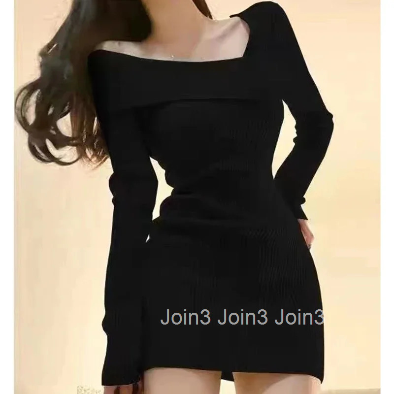Knitted Dress Women Autumn Winter Long Sleeved Sexy Off Shoulder Stretch Sweater Solid Elegant Skinny Chic Korean Lady Dress