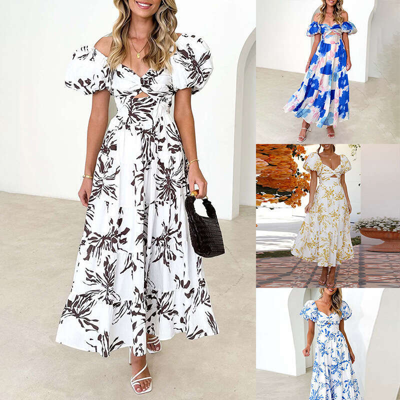 New Women's Fashion Elegant Sweet Off-Shoulder Printed Puff Sleeve Dress B5