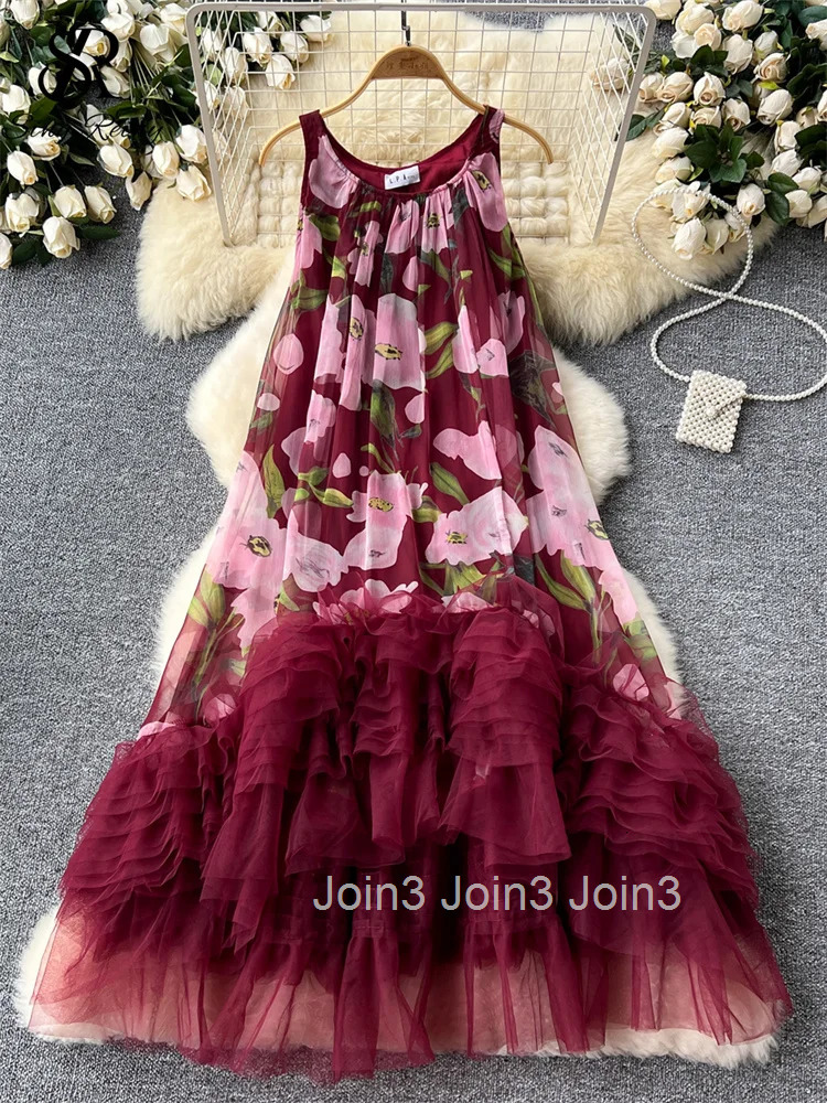 French Vintage Print Dress Women O-Neck Spaghetti Strap Mesh Splice Irregular Ruffles Beach Fashion Ball Gown Dresses