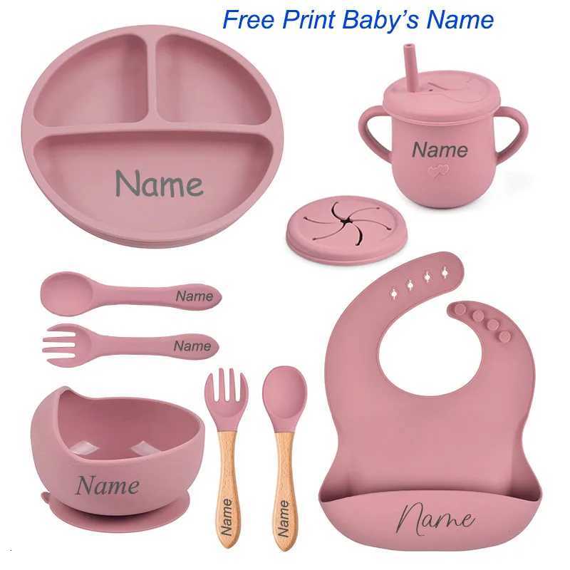 Personalized Name Baby Silicone Dishes Feeding Set Suction Cup Bowl Tableware Kids Bowl Spoon Fork Bib Feeding Set BPA Free X250806