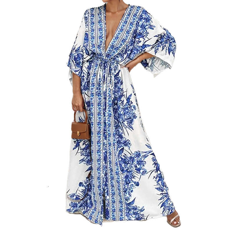 Women's V-Neck Loose Fit Fashionable Versatile Spring Dress B5