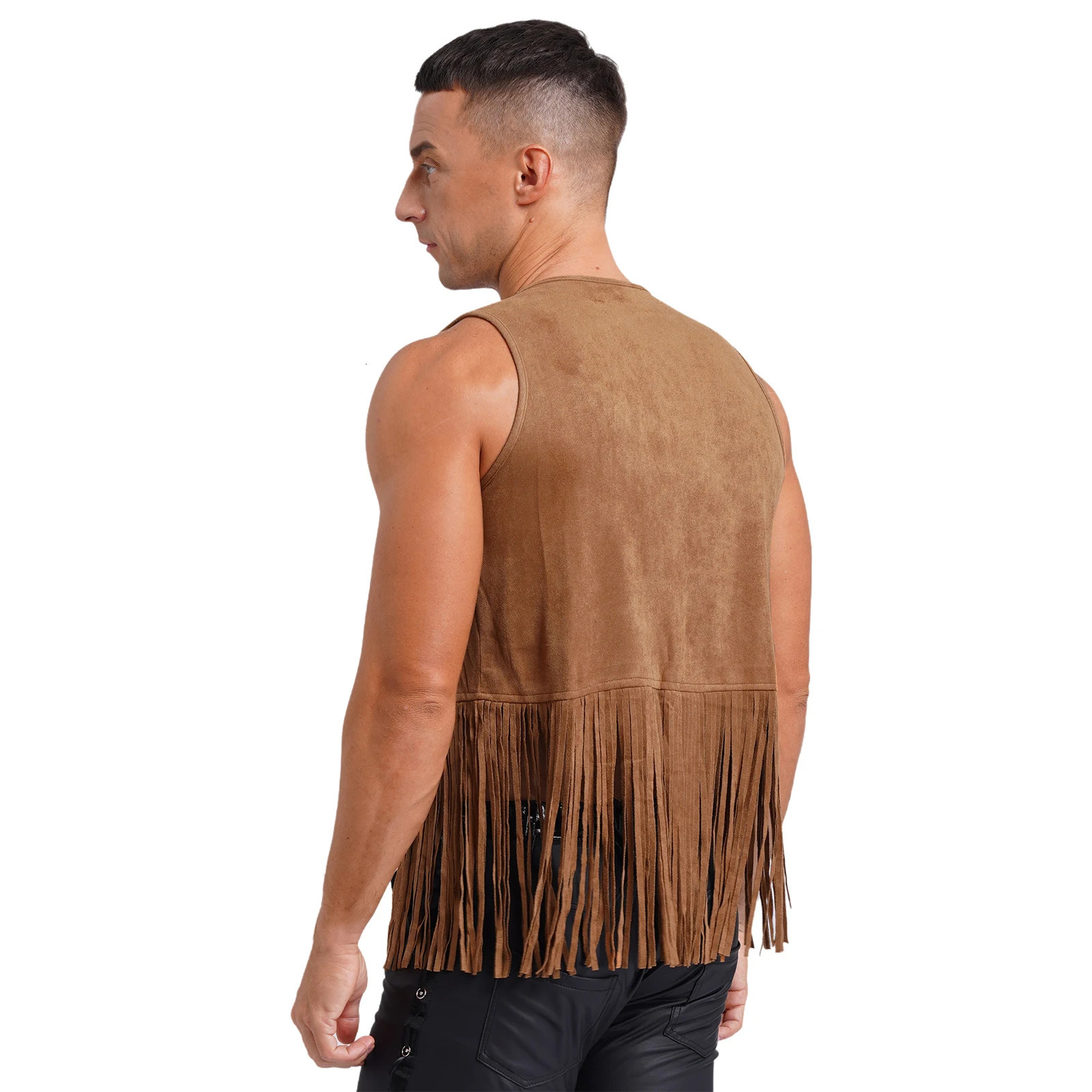 Mens Western Cowboy Vintage Faux Suede Tassel Vest Tops Open Front Rivets Fringe Waistcoat Jacket Festival Rave Party Clubwear 250805