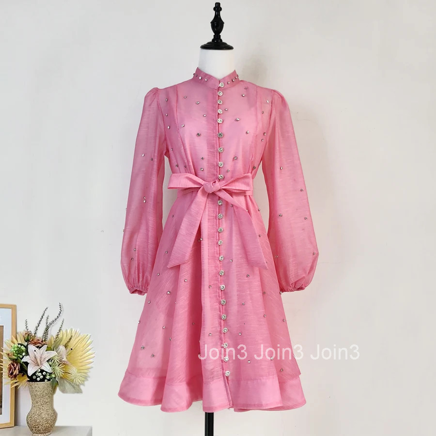 French Luxury Crystal Beaded Wedding Prom Mesh Dress Women Stand Long Lantern Sleeve Diamond Buttons Belt Lace Up Mini Vestidos