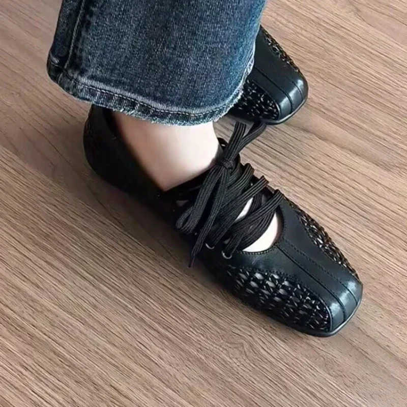 2025 New Mesh Flats Sandals Women Ballet Shoes Mary Janes Square Toe Hollow Loafers Shoes Summer Shallow Casual Sneakers M250806