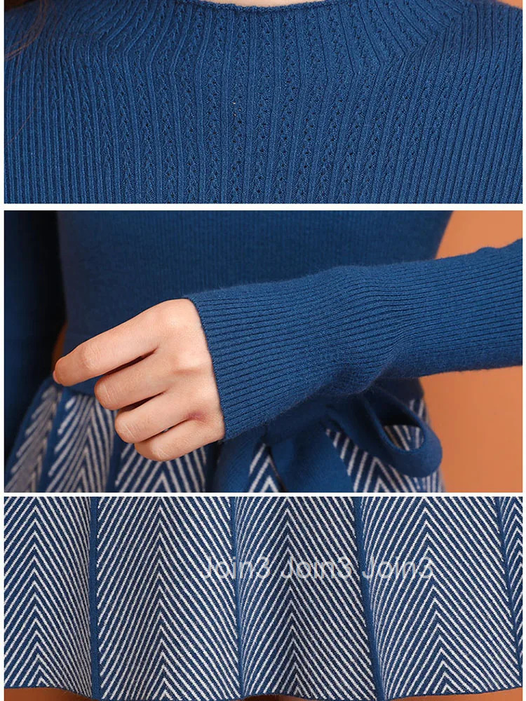 Women Elegant Knitwear Knee Length Vestidos Korean Stripe Knitted Midi Dresses With Belt Spring Fall Slim Long Sleeve Elbise New