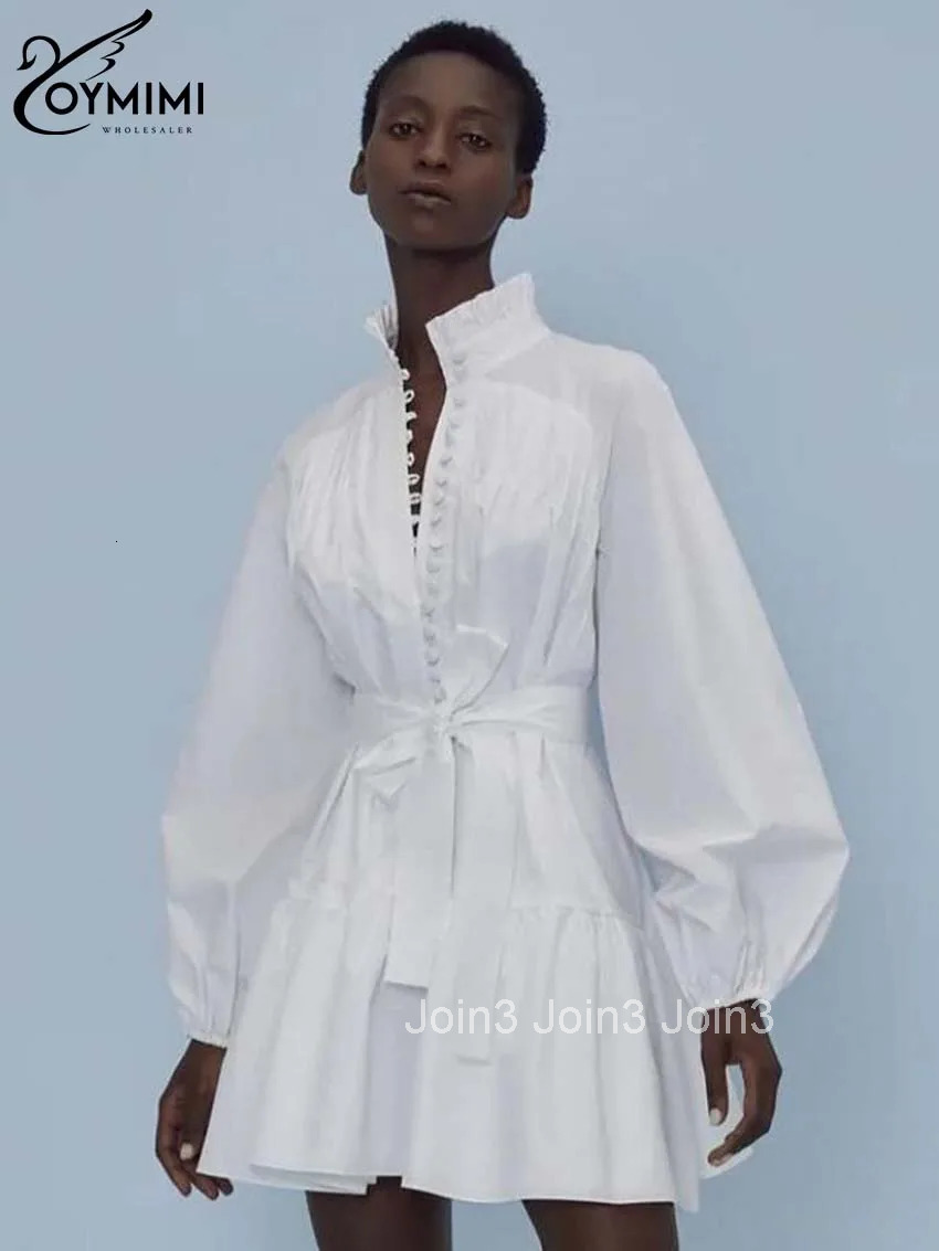 Elegant White Cotton Womens Dress Casual Ruffled Collar Long Sleeve Single Breasted Dresses Fashion Lace-Up Mini Dresses