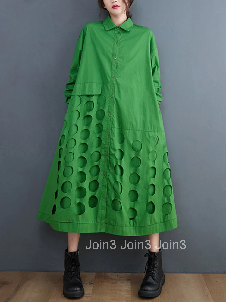 Polka Dot Hollow Out Cotton Shirt Dresses For Women Long Sleeve Loose Casual Vintage Dress Elegant Clothing Spring Autumn