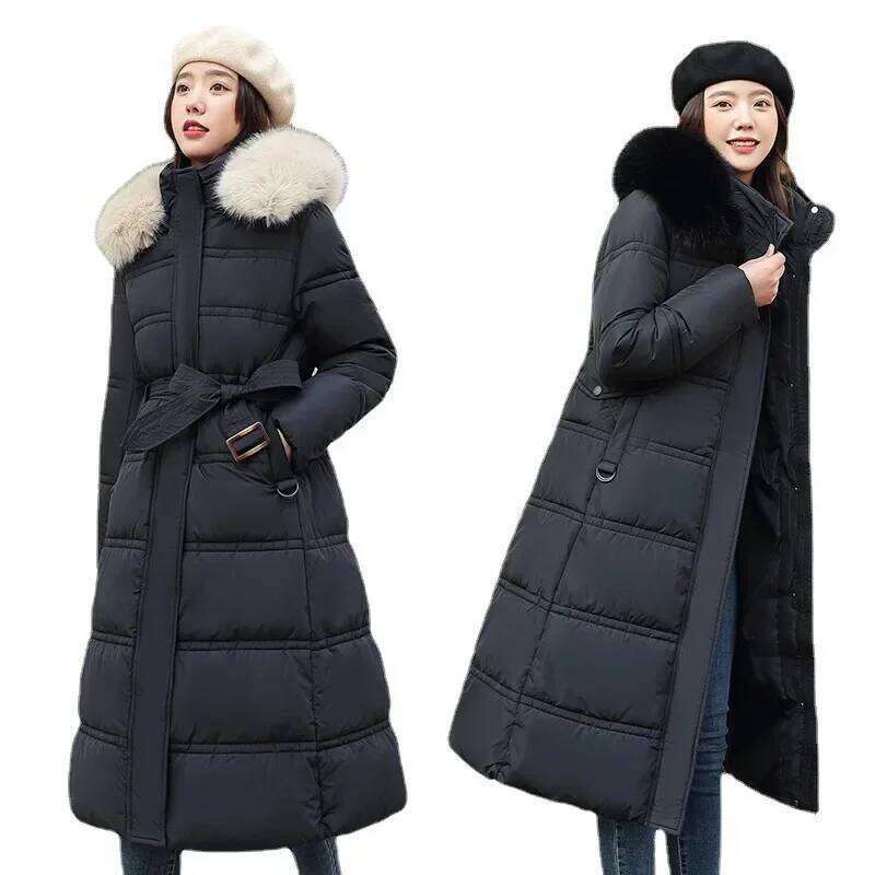 Designer Clothing 2025 Winter New Down Cotton Parkas Women's X-Long Faux Fur Collar Thick Loose Large Size Padded Jacket