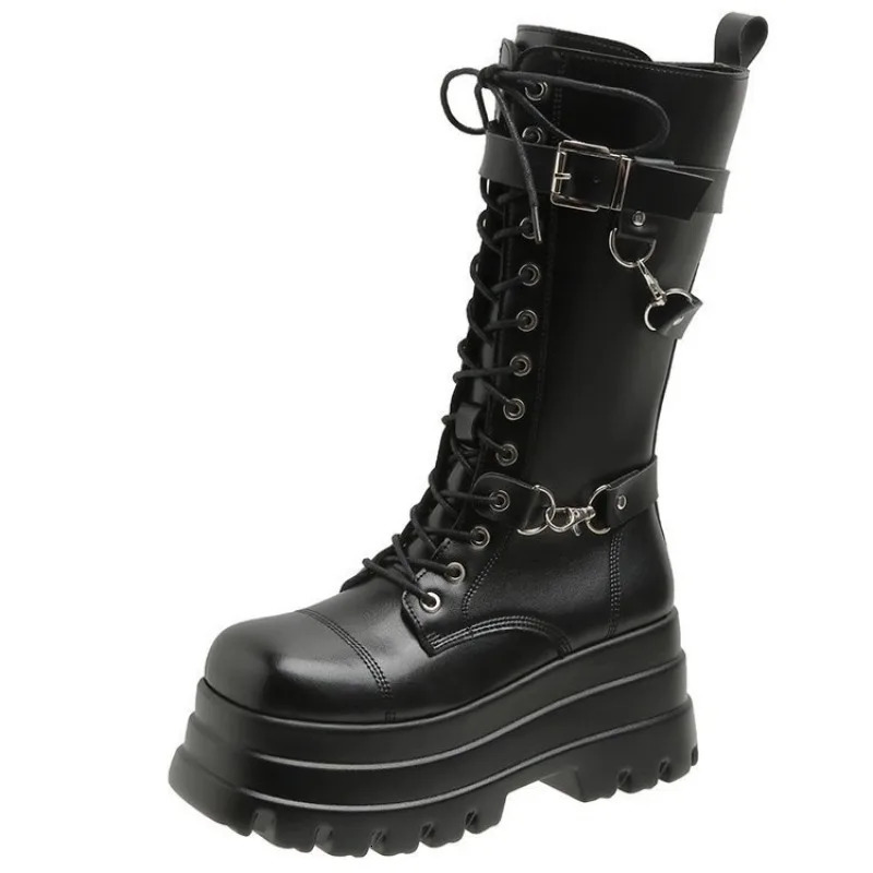 Plus Size 43 Autumn Women Boots Buckle Round Toe Wedges Platform Punk Goth IN Street Shoes Combat for 250801