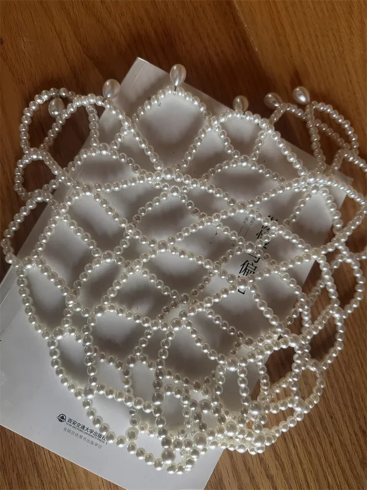 2025 fashion chic women white handmade pearl weave hat 250806