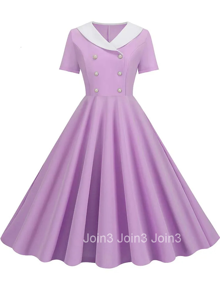 Summer Midi Dress Women Elegant Pink Vintage Party Sundress Casual Peter pan Collar Short Sleeve Dress