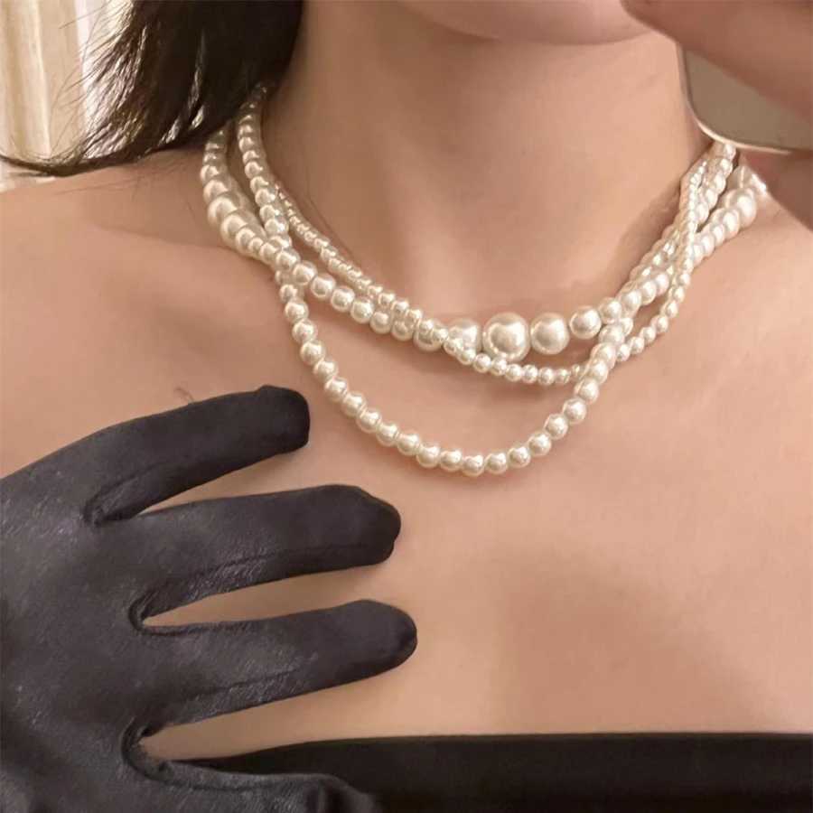 New Trendy Vintage Pearl Multi Layered Pearl Bead Necklace for Women Sweet Elegant Party Jewelry Wedding Gifts Y250805