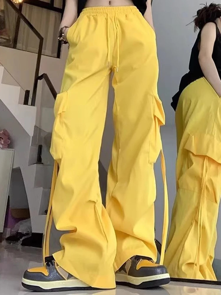 Women Korean High Waisted Slacks Lady Japanese 2000s Style Y2k Lace Up Cargo Trousers Female Yellow Pink Blue Black Joggers 250806