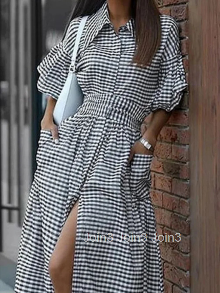 Yeezzi New Fashion Plaid Lapel Shirt Dress Women Ruffle Sleeves Buttoned Pockets Front-slit High Waist Elegant Maxi Dresses