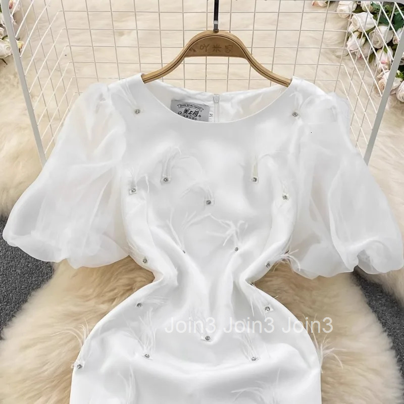 Elegant Solid Feathers Patch Design Slim Package Hip Dress Women Evening Party Back Zip Vestido Summer New White Maxi