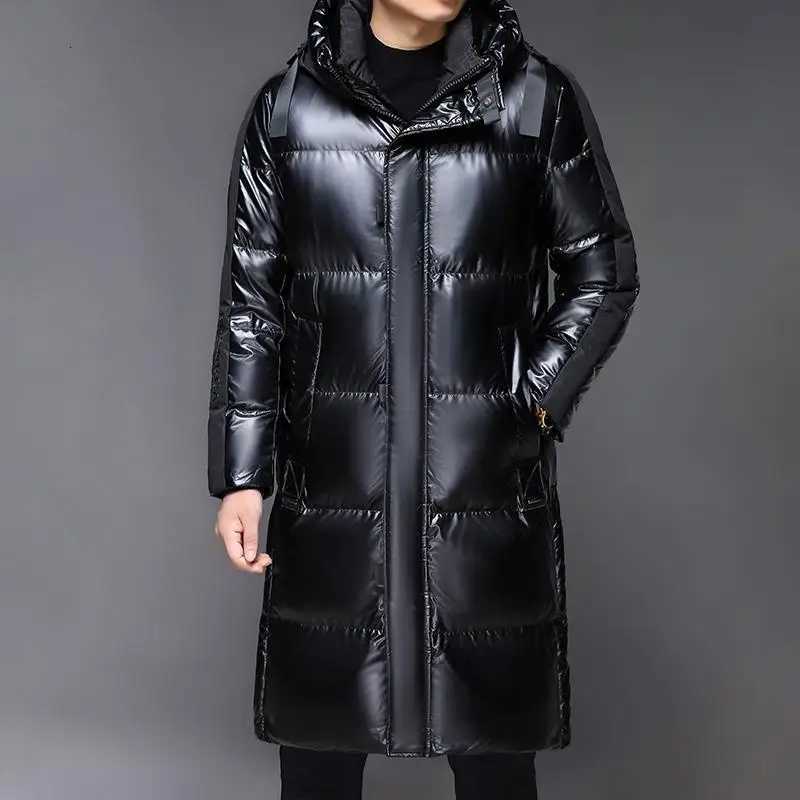2025 Winter Mens Casual Long-Length Duck Down Jackets Black Color Shiny Warm Puffer Coats Windproof Thick Padded Parkas W250806