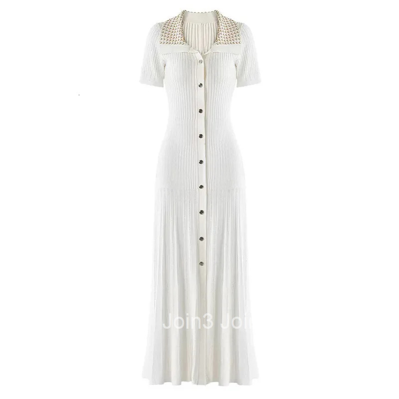 French Elegance Summer Womens Knit Dress | Notched Lapel Beaded Midi Dress | Slim Fit Short Sleeve Tunic