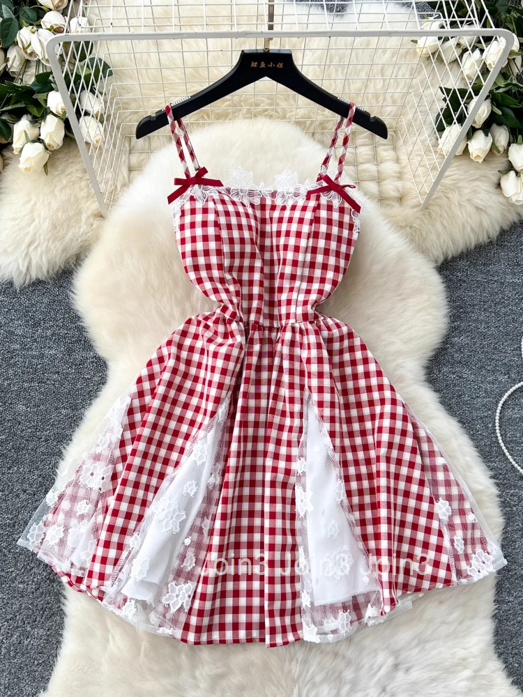 France Elegant Sweet Mori Girl Style Short Dress Women Lace Bow Plaid Party Dress Female Casual Chic Cute Clothing Summer New