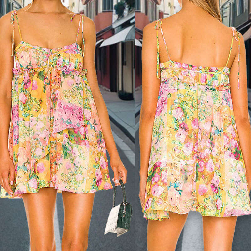 Women's Clothing Bohemian Style Printed Strap Sexy Short Dress B5