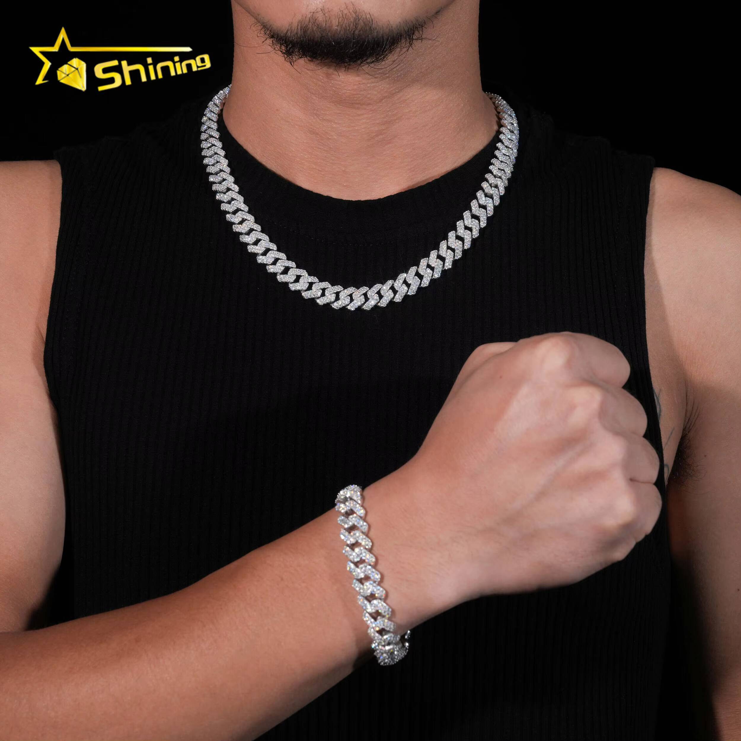 Rapper Hip Hop Miami Necklace Iced Out 12MM 2Rows Diamond 925 Sterling Silver Moissinite Cuban Link Chain