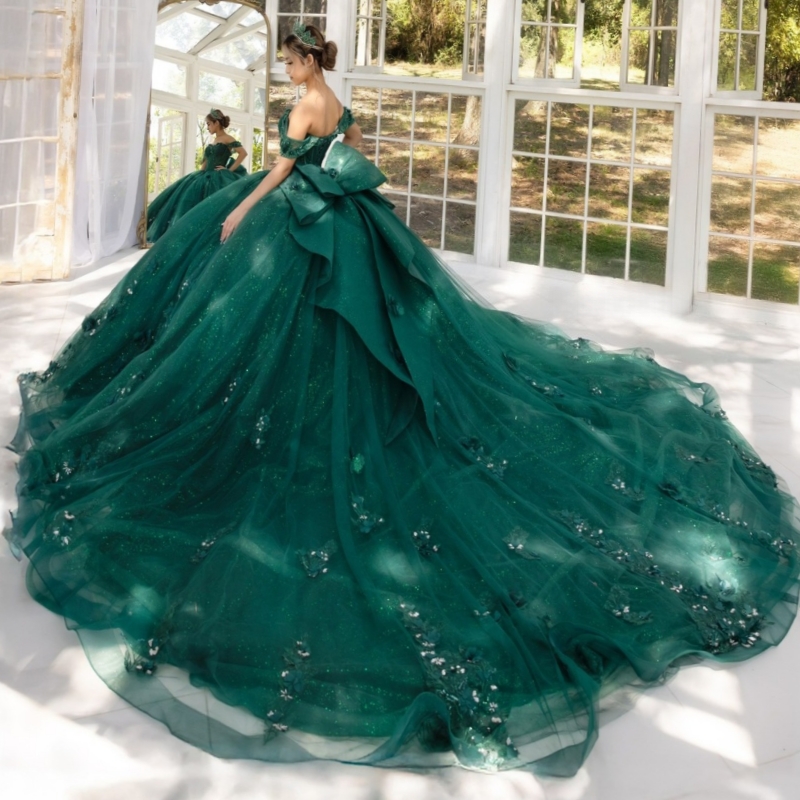 Blackish Green Shiny Quinceanera Dresses Ball Gown Off The Shoulder Applique Flower Beads Bow Tull Party Birthday Sweet 16 Dress Vestidos 15 Anos