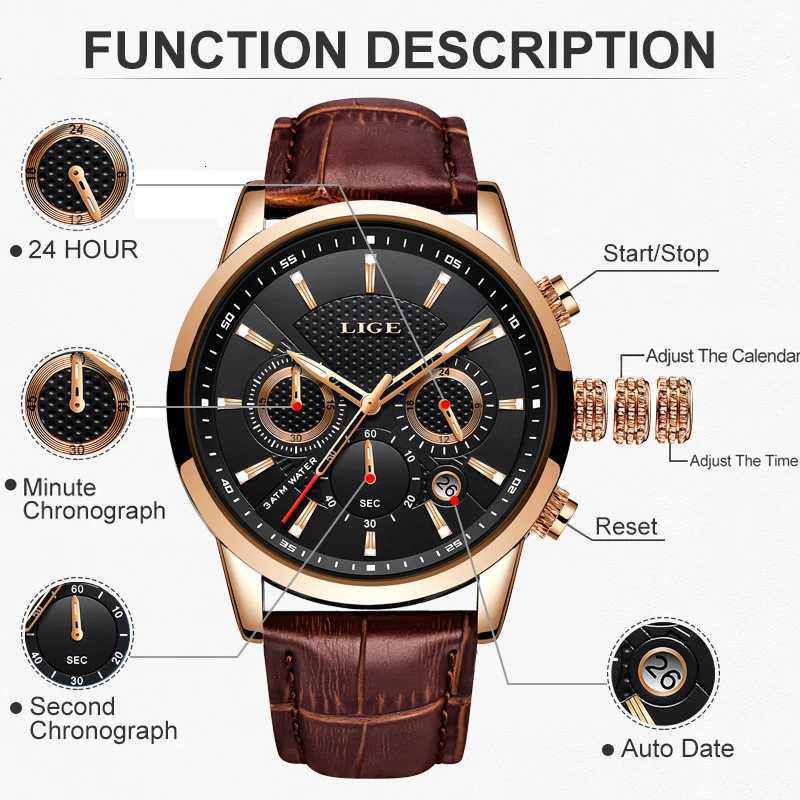 LIGE Luxury Men Leather Sport es Mens Army Military Quartz Wrist Chronogrh Male Clock Relogio Masculino+BOX W250806