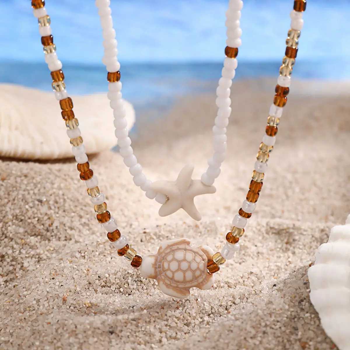 Layered Beads Chains with Starfish Turtle Choker Necklace for Women Trendy Neckwear 2025 Fashion Jewelry Female Y250805