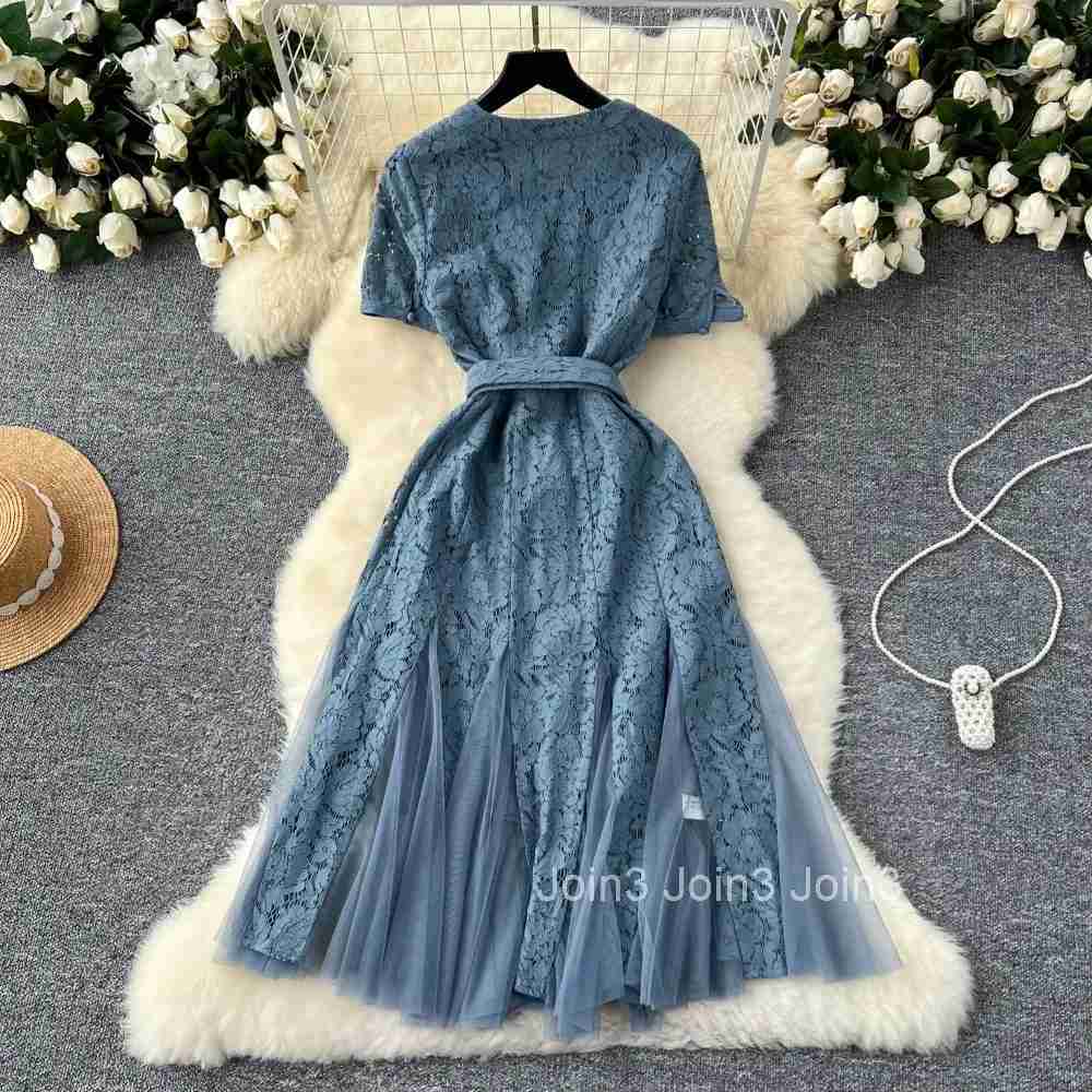 French v neck mesh PATCHWORK lace ruffle dress womens summer waist Single Breasted sweet dresses