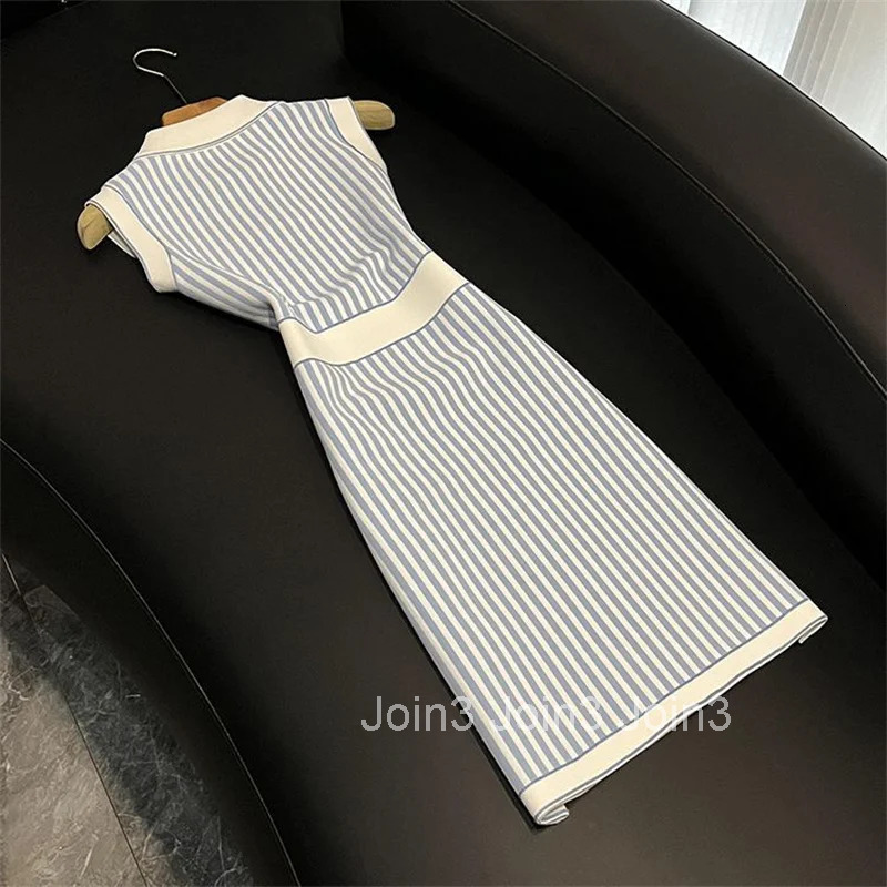 Summer Patchwork Tank Knit Dress Elegant Women Turn Down Collar Elatic Waist Bodycon Sundress Fashion Stripes Long Vestidos 038A