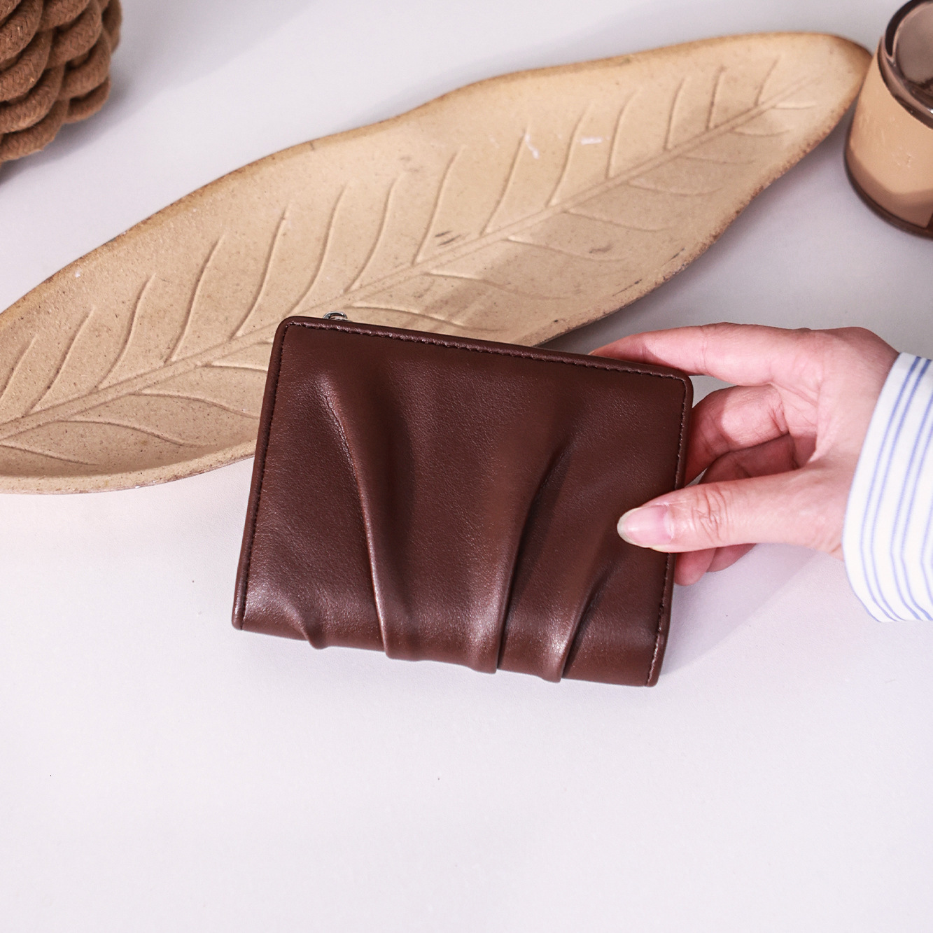 New Wallet Short Korean Style Pleated Design Women's Solid Color Simple Multi-Card Slot Coin Card Holder for Women