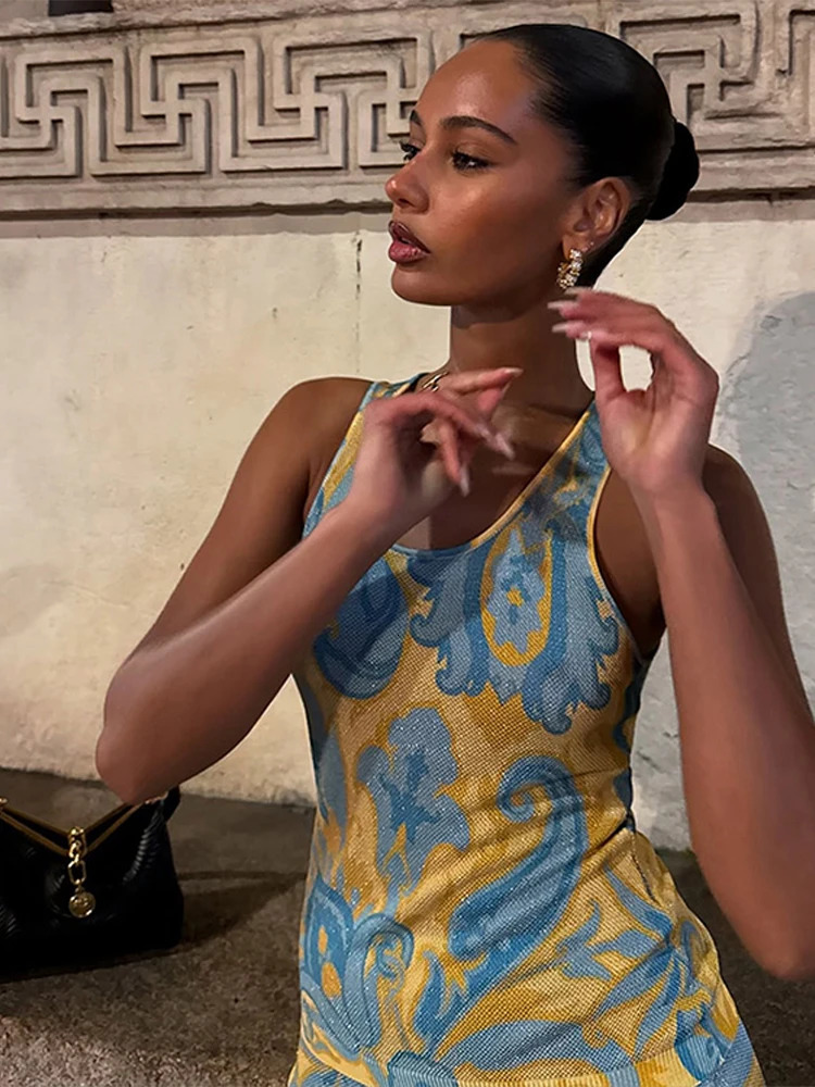 Fashion Printed Tassels Slim Long Dress Women Vintage Sleeveless Pleated Evening Dresses Lady Summer Chic Party Vestidos 250804