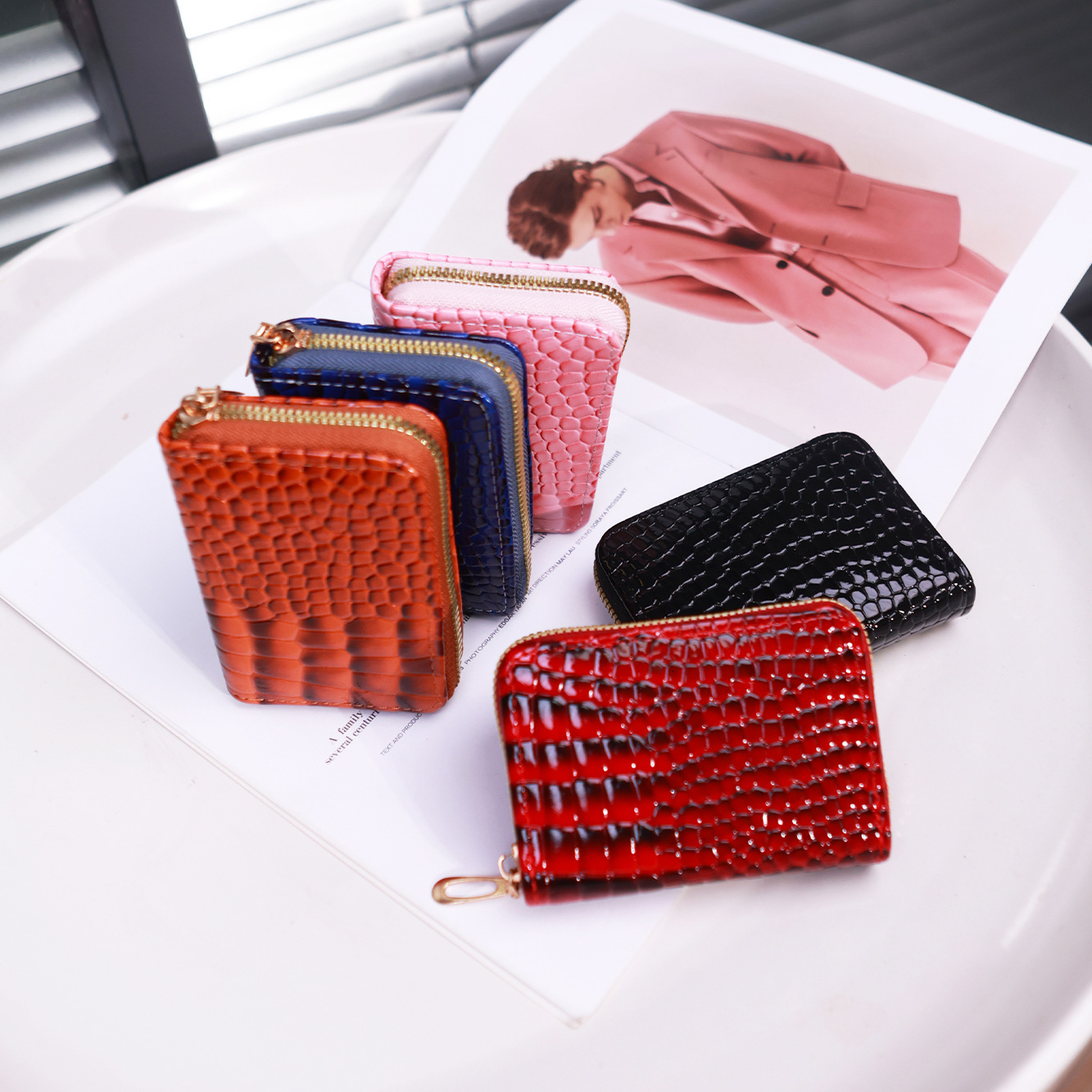 New Holder Women, Crocodile Pattern Solid Color Accordion Holder, Simple Multi-Card Slot Card Case, Zipper Coin Purse for Women
