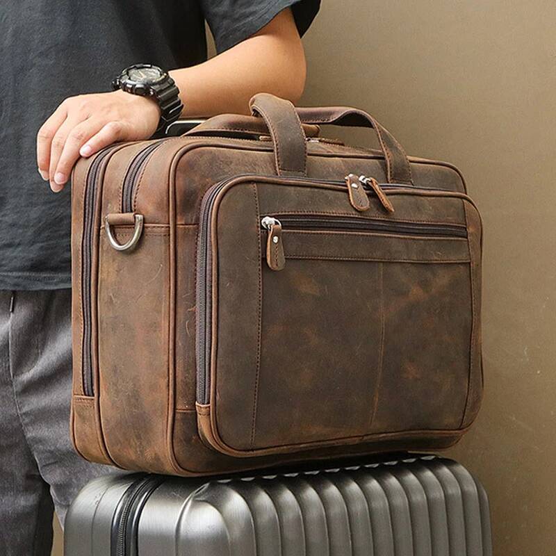 High Quality Genuine Men Briefcase Business bag Crazy Horse Leather Large 17"inch Laptop Bag male Portfolio Office Case high-quality