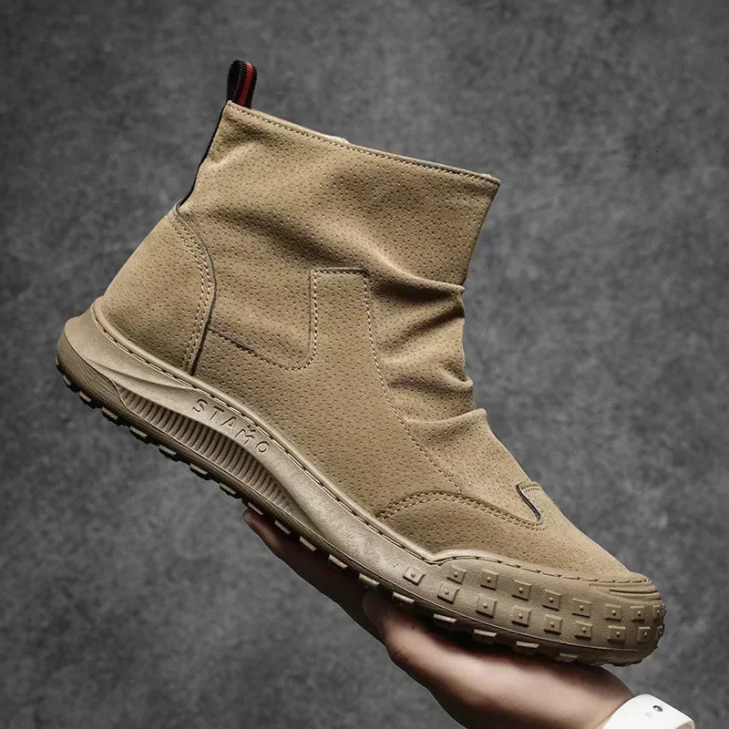 Mens Boots High Cut Workwear Shoes Autumn Zipper Pleated Non Slip Comfort Thick Soled Wearresistant Fashion Flat 250801