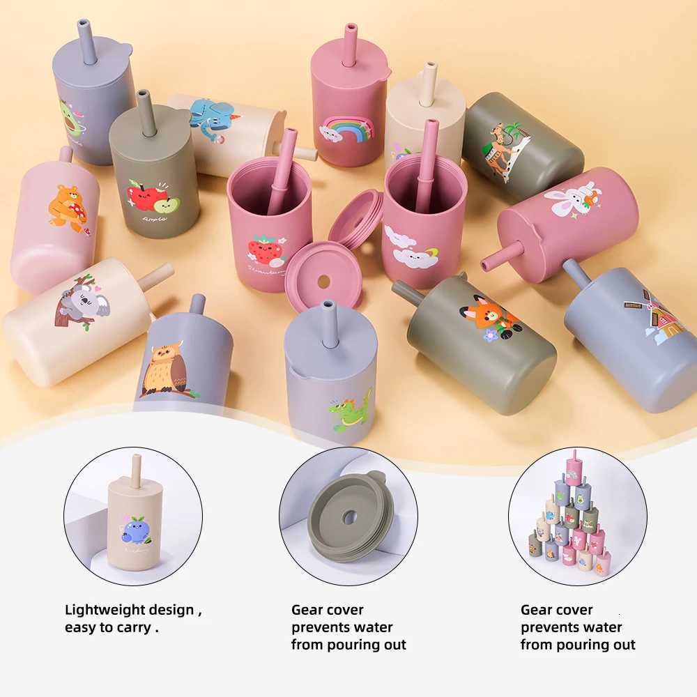 100% Baby Feeding Straw Cup Baby Cartoon Learning Feeding Cup Food Grade Silicone Toddler Water Bottle Tableware BPA Free X2508061