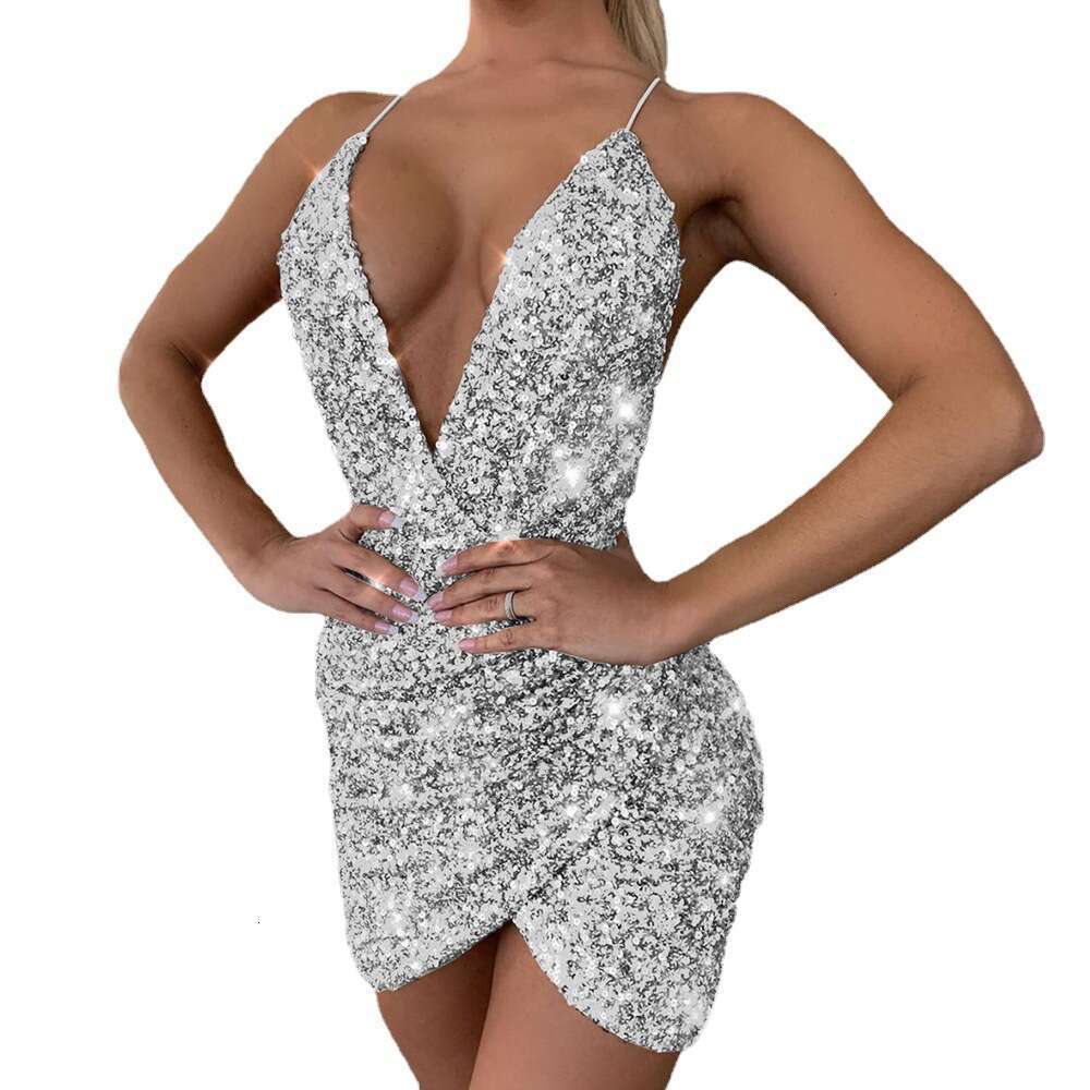 Women's Sequin Strap Sexy V-Neck Backless Hip Dress For Women 661 B5