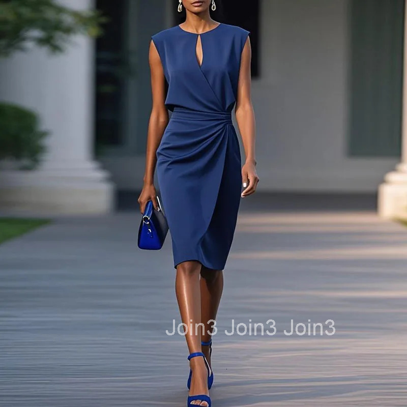 Summer Chic Sleeveless Pleated Women Dress Elegant Solid High Waist Party Vestidos Retro Hollow Out O Neck Spliced Commute Dress