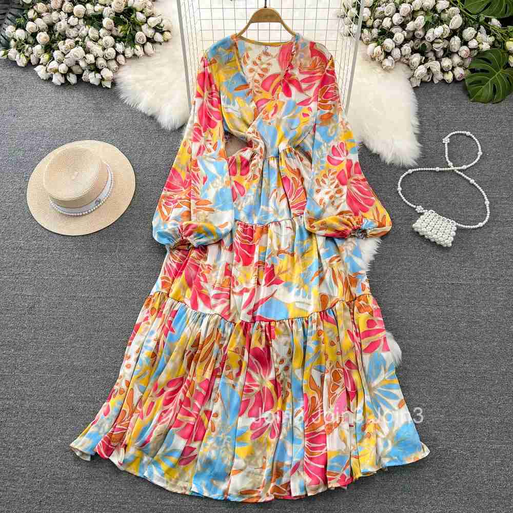 Chic Print Elegant Women Long Sleeve Lace Up Loose Maxi Dress A-line High Waist Holiday Party Female New Autumn Fashion Robe