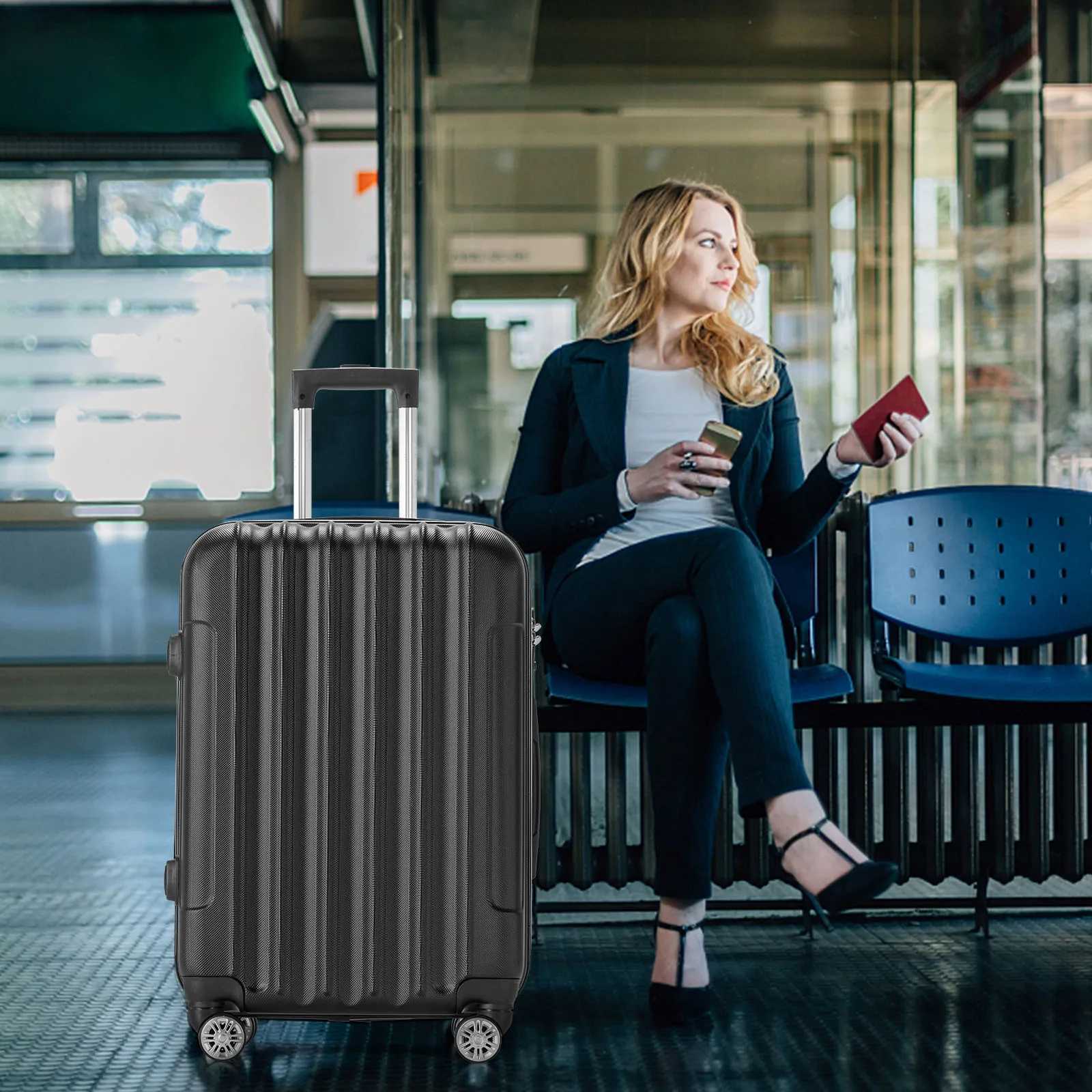 4 Piece Luggage Sets ABS Durable Suitcase Sets with Double Wheels and TSA Lock Black W250805