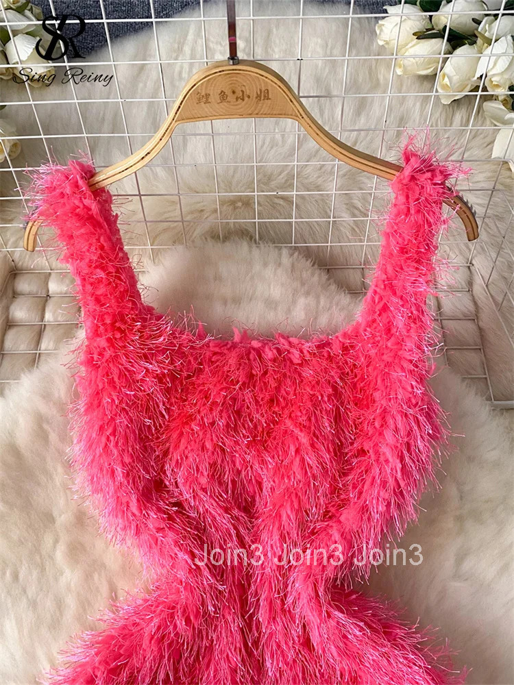 American Sexy Wool Slim Dress Women Spaghetti Strap Square Neck Ins Bodycon Basic High Quality Club Fashion Dress